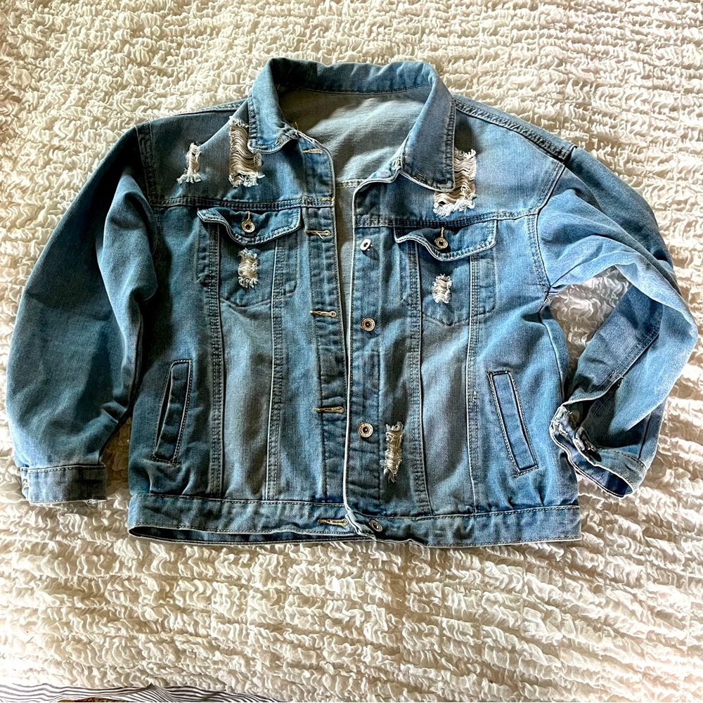Distressed oversize jean jacket